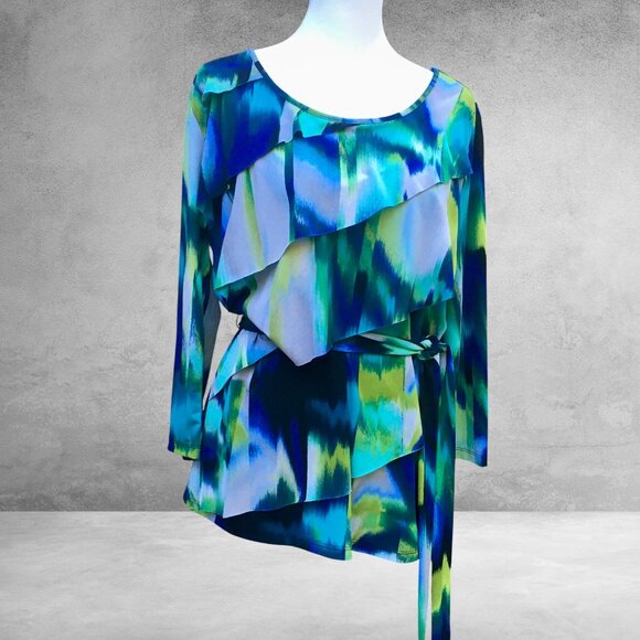 Worthington Abstract Layered Asymmetrical Ruffle Top with Tie Waist (Sz L) - Picture 2 of 14